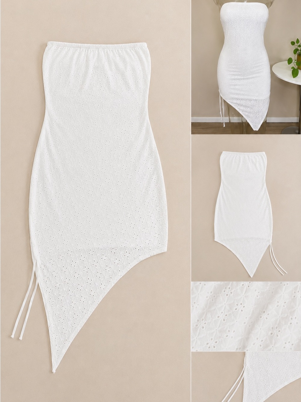 White Strapless Asymmetrical Eyelet Dress